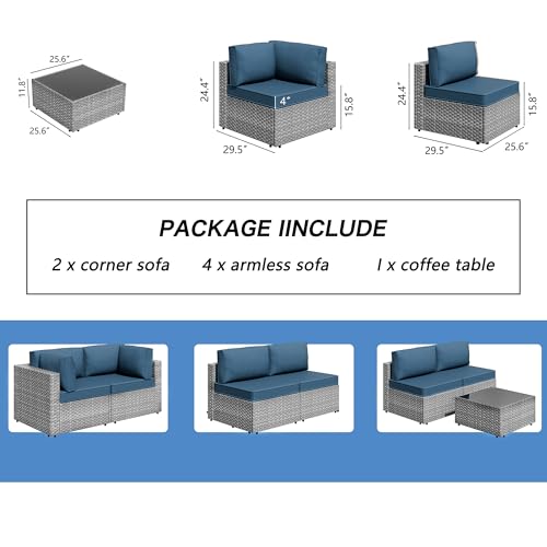7 Pieces Outdoor Patio Furniture Sets, Patio Sectional Sofa Couch, Gray PE Wicker Furniture Modular Patio Conversation Sets Patio Sofa with Washable Cushions, Aegean Blue