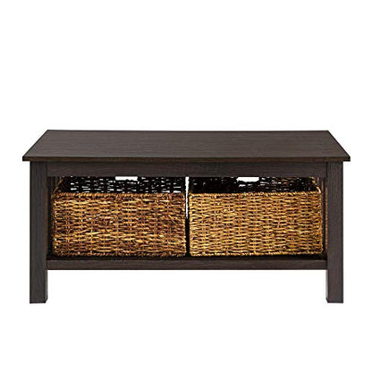 Alayna Mission Style Two Tier Coffee Table with Rattan Storage Baskets, 40 Inch, Espresso