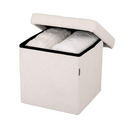 Seville Classics Cushioned Fabric Ottoman Hidden Storage Chest Footrest Chair, Padded Seat for Bedroom, Dorm, Loft, Living Room, Entryway, Hallway, White Boucle, 15.7" Cube