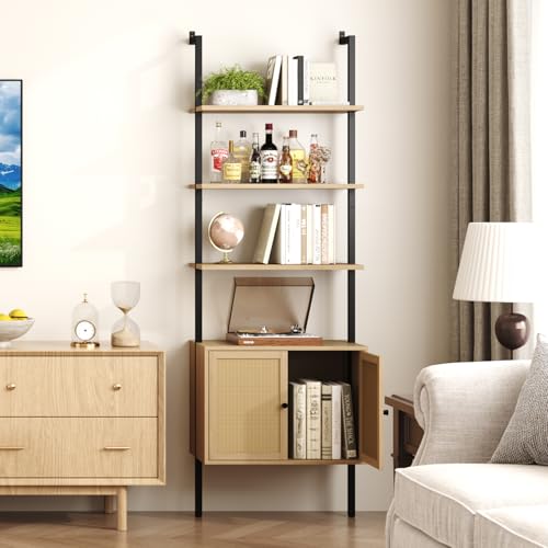 73" Tall Bookshelf with Cabinet, Industrial Ladder Wall Mount Shelf Rattan Bookcase with Wood and Metal Frame, Plant Shelf Wall Storage Display for Living Room Bedroom,Light Ivory Brown