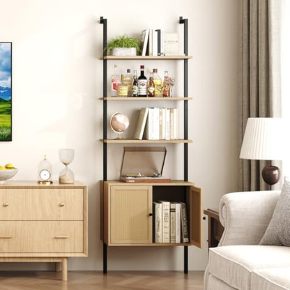 73" Tall Bookshelf with Cabinet, Industrial Ladder Wall Mount Shelf Rattan Bookcase with Wood and Metal Frame, Plant Shelf Wall Storage Display for Living Room Bedroom,Light Ivory Brown