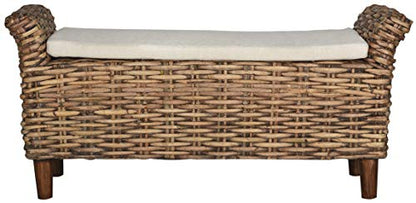 SAFAVIEH Furniture - Palermo Bench - White & Brown - Mango Wood - Coastal Woven Design - Ideal for Entryway, Bedroom, Living Room (FOX6533A)