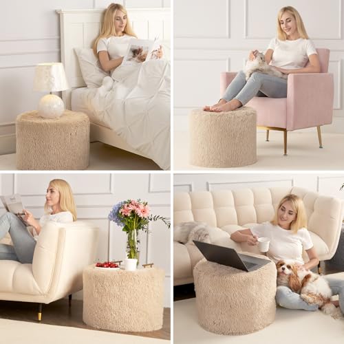 Round Pouf Ottoman Foot Rest, Footstool, Brown | High-Density One-Piece Foam, 17 x 14 Inch, Firm & Stable, for Couch, Bedroom, Living Room, Machine Washable Cover