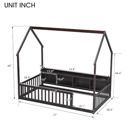 JIVOIT Twin Size House-Shaped Floor Bed with Storage Shelves | Pine Wood Floor Bed, Floor Playhouse Bed Frame, Safety Guardrails, Fence Design, Easy Assemble, No Box Spring Needed