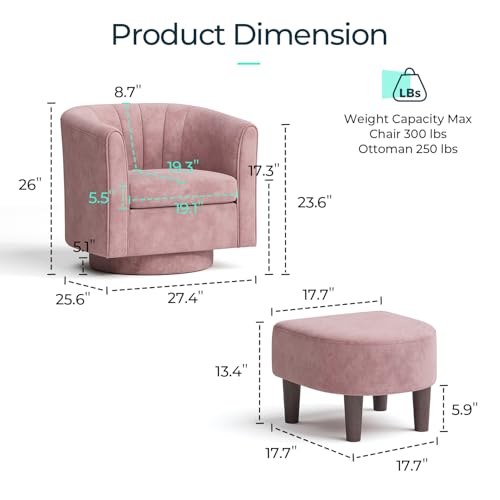 Swivel Accent Chair Ottoman Set: Velvet Small Barrel Chair with Foot Rest, Modern Reading Chair Upholstered Armchair with Footrest for Living Room Bedroom Study Room Office (Pink)