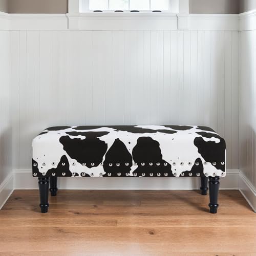 Designs4Comfort Cow Print Bench Ottoman 40" - Farmhouse, Rustic Wide Upholstered Footstool & Seat, for Living Room, Bedroom, Hallway & Entryway, Black Fabric