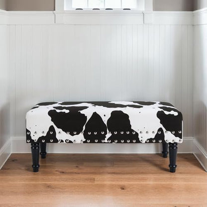 Designs4Comfort Cow Print Bench Ottoman 40" - Farmhouse, Rustic Wide Upholstered Footstool & Seat, for Living Room, Bedroom, Hallway & Entryway, Black Fabric