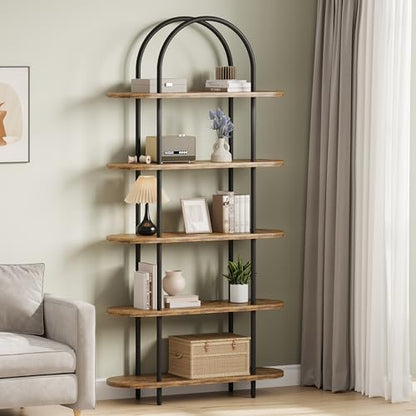 71" Arched Bookshelf 5 Tier Bookcase Open Bookshelf with Metal Frame Plant Stand Freestanding Display Rack Tall Shelving for Bedroom Living Room Home Office Bathroom Black + Retro Color