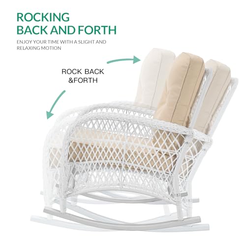 4-Piece Outdoor Patio White Wicker Conversation Sets, All Weather Outdoor Rattan Furniture Set Includes Glider Loveseat, Coffee Table, 2 Rocking Chairs with Cushions for Backyard, Beige