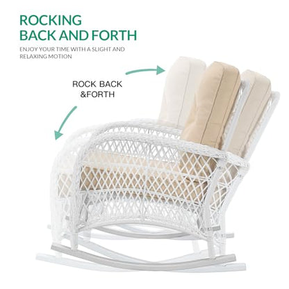 4-Piece Outdoor Patio White Wicker Conversation Sets, All Weather Outdoor Rattan Furniture Set Includes Glider Loveseat, Coffee Table, 2 Rocking Chairs with Cushions for Backyard, Beige