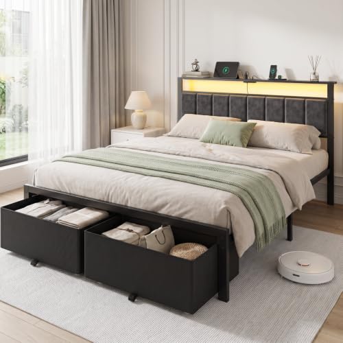 Queen Size Bed Frame with Upholstered Headboard and 2 Storage Drawers, view 7