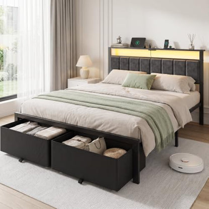 Queen Size Bed Frame with Upholstered Headboard and 2 Storage Drawers, view 7
