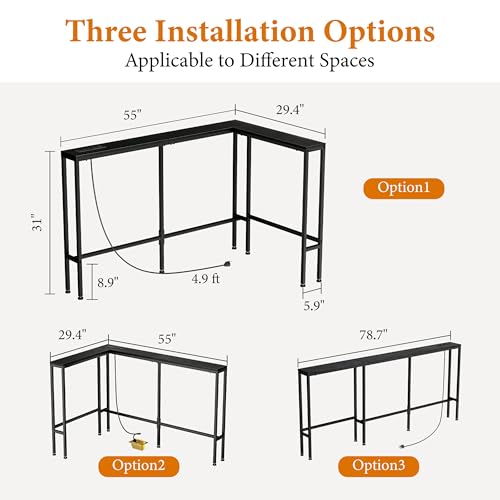 L Shaped 78" Narrow Console Sofa Table with Built-in Power Strip (2 AC Outlets & 2 USB Ports) – 4.9ft Power Cord, Metal Frame, Easy Assembly, Ideal for Behind Couch, Hallway (Black, 78IN)