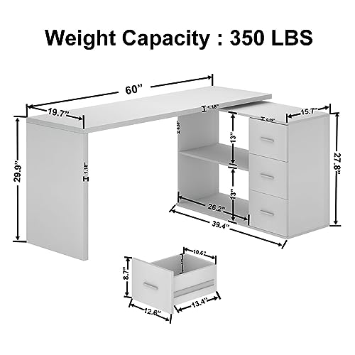 White L Shaped Desk with Drawers Shelves, Corner Home Office Desk L Shape with Storage Cabinet, Large Wood Computer Desk for PC Executive Work Writing Study, Modern Living Room Bedroom Table,60 In