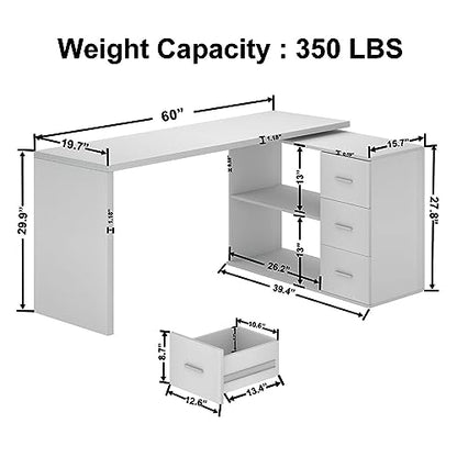 White L Shaped Desk with Drawers Shelves, Corner Home Office Desk L Shape with Storage Cabinet, Large Wood Computer Desk for PC Executive Work Writing Study, Modern Living Room Bedroom Table,60 In