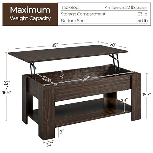 Yaheetech Lift Top Coffee Table with Hidden Compartment and Storage Shelf, Rising Tabletop Dining Table for Living Room Reception Room, 38.6in L, Espresso