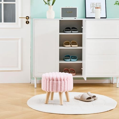 Storage Ottoman, Modern Round Footrest with Soft Padded Seat, Teddy Velvet Footstool with Wood Legs, Accent Small Table or Plant Stand for Hallway, Living Room (Light Pink)