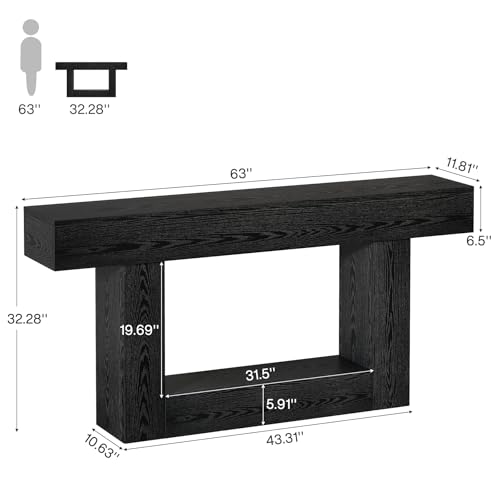 Tribesigns 63" Console Table, Farmhouse 2-Tier Entryway Table with U-Shaped Base, Narrow Long Wood Sofa Table Behind Couch Table for Living Room, Hallway, Foyer, Black