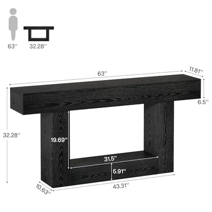 Tribesigns 63" Console Table, Farmhouse 2-Tier Entryway Table with U-Shaped Base, Narrow Long Wood Sofa Table Behind Couch Table for Living Room, Hallway, Foyer, Black