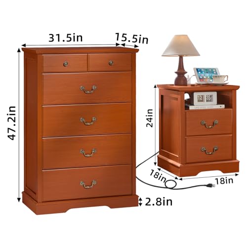 Farmhouse Dresser and Nightstand Sets 3 Piece, Wood 47" Tall 6 Chest of Drawers & Rustic 18" Night Stand Set of 2 with Charging Station, Furniture Dressers Set for Bedroom, Home Living Room