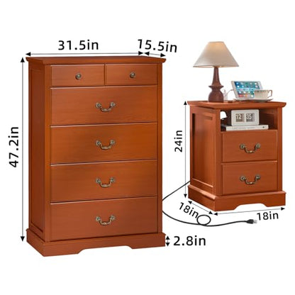 Farmhouse Dresser and Nightstand Sets 3 Piece, Wood 47" Tall 6 Chest of Drawers & Rustic 18" Night Stand Set of 2 with Charging Station, Furniture Dressers Set for Bedroom, Home Living Room