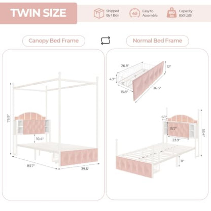 Twin Size Upholstered LED Canopy Bed Frame with 2 Drawers and & Charging Station, view 3