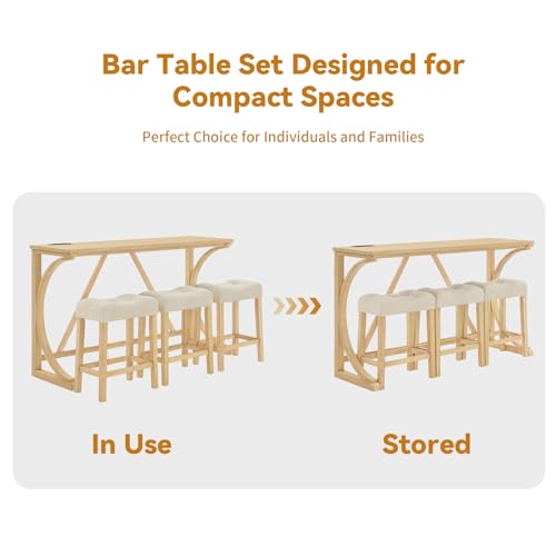 59" Dining Bar Table Set with Power Outlet, Behind Couch Sofa Table with 3 Padded Stools, 5 Piece Bar Table and Chairs Set for Living Room, Dining Room, Light Oak