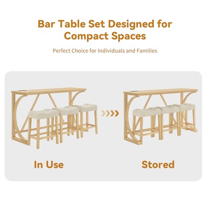 59" Dining Bar Table Set with Power Outlet, Behind Couch Sofa Table with 3 Padded Stools, 5 Piece Bar Table and Chairs Set for Living Room, Dining Room, Light Oak
