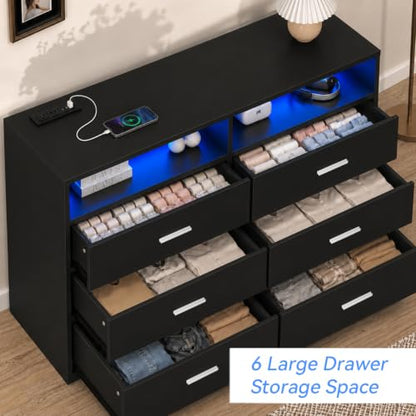 6 Drawer Dresser with Power Outlets and LED Wooden Chest of Drawers with Large, view 6