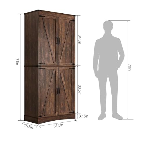 71" Tall Kitchen Pantry,Farmhouse Storage Cabinet with Adjustable Shelves,Load-Bearing Steel Pipe,Farmhouse Pantry Cabinet with 4 Barn Doors, for Kitchen,Dining Room,Living Room(Brown)