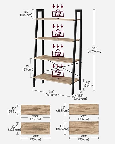 VASAGLE BARNET Collection - Ladder Shelf, Bookshelf, Storage Rack, Modern Bookcase for Living Room Home Office Kitchen, Steel Frame, 4-Tier, 31.5-Inch Wide, Camel Brown and Ink Black ULLS144B50