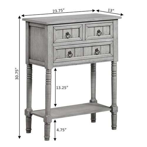 Kendra Entryway Hall Table 23.75" - 3 Storage Drawers, Traditional Console with Shelf for Decor, Office & Hallway Organizer, No Tools Assembly, Solid Wood, Wirebrush Light Gray