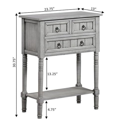 Kendra Entryway Hall Table 23.75" - 3 Storage Drawers, Traditional Console with Shelf for Decor, Office & Hallway Organizer, No Tools Assembly, Solid Wood, Wirebrush Light Gray