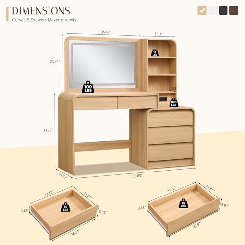 50” Modern Vanity Desk with Mirror and Lights with Charging Station Natural, view 3