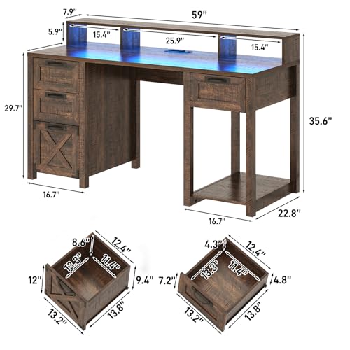 59" Farmhouse Computer Desk with 4 File Drawer & Power Outlet & Led Lights, view 3