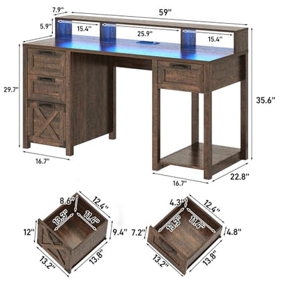 59" Farmhouse Computer Desk with 4 File Drawer & Power Outlet & Led Lights, view 3