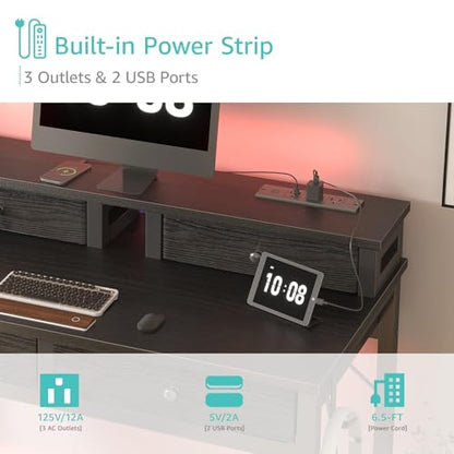 Small Desk with Drawers for Home Office Bedroom, 31 inch Black Writing Study Desks with Fabric Drawers Storage, Gaming Desk Table with Power Outlet & Monitor Stand, Black