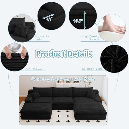 107" Cloud Sectional Couch with U-Shaped Chaise,Corduroy Viral Boneless Sofa with Ottoman,Memory Foam Couches in a Box with Deep Seat for Living Room,No Assembly Required (Black,Right-Facing Chaise)