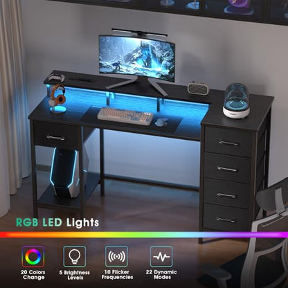55 Inch Computer Gaming Desk with Power Outlets LED Lights Reversible Home Office with Adjustable Fabric Storage Drawers for Working Writing Study, Black