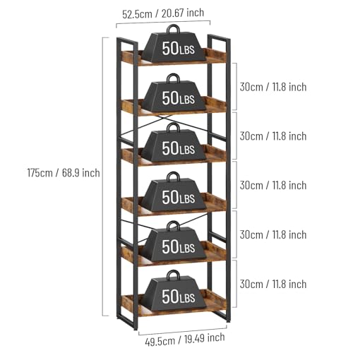Cheersstar 6-Tier Bookshelf, 6 Tier Industrial Bookcase, Standing Bookshelves, Tall Display Rack with Steel Frame for Living Room, Bedroom, 11.8 x 20 x 69 Inches, Rustic Brown