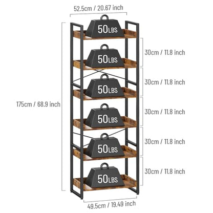Cheersstar 6-Tier Bookshelf, 6 Tier Industrial Bookcase, Standing Bookshelves, Tall Display Rack with Steel Frame for Living Room, Bedroom, 11.8 x 20 x 69 Inches, Rustic Brown