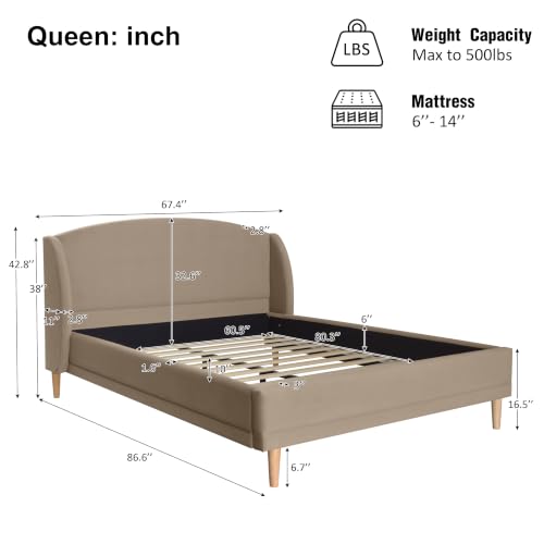 Queen Upholstered Bed Frame with Wingback Headboard, Taupe, view 3