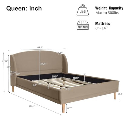 Queen Upholstered Bed Frame with Wingback Headboard, Taupe, view 3