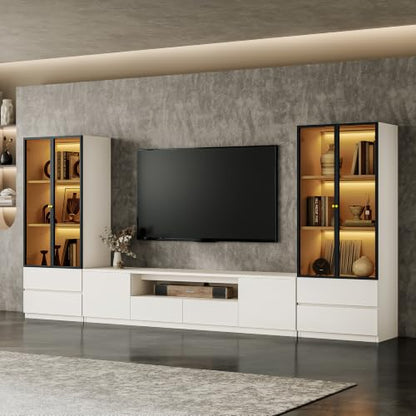 126" White Modern Entertainment Center with Bookshelves for 75 inch TVs, view 2