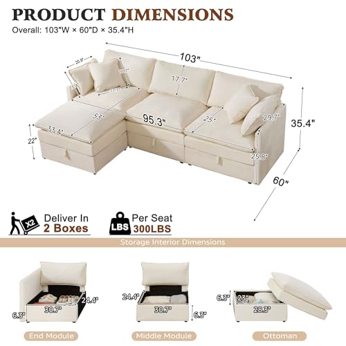103" Modular Sectional Sofa with Storage, L Shaped Cloud Couch with Movable Ottomans & 4 Pillows, Chenille Deep Seat Sectional Couches for Living Room, Apartment (Beige)