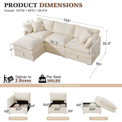 103" Modular Sectional Sofa with Storage, L Shaped Cloud Couch with Movable Ottomans & 4 Pillows, Chenille Deep Seat Sectional Couches for Living Room, Apartment (Beige)
