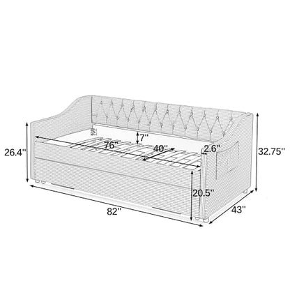 JIVOIT Twin‑Size Upholstered Daybed with Pull‑Out Trundle, Upholstered Convertible Daybed with Side Storage, Tufted Button Backrest & Padded Armrests, Perfect for Compact Living (Black-Twin,32)