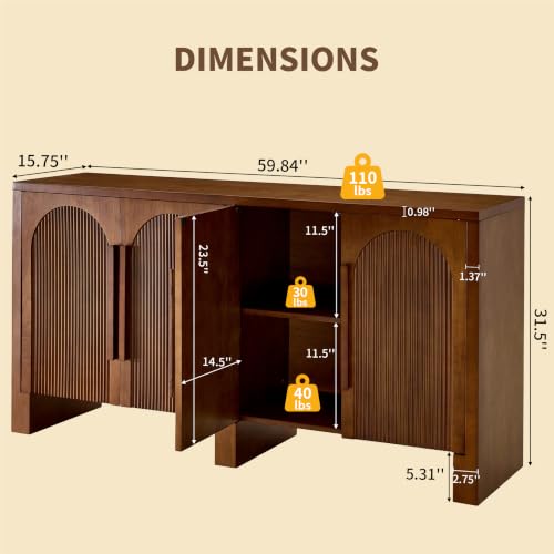60"Buffet Cabinet with Storage,Solid Wood Fluted Arched Sideboard Cabinet, view 3