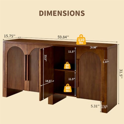 60"Buffet Cabinet with Storage,Solid Wood Fluted Arched Sideboard Cabinet, view 3