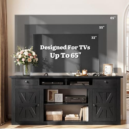 Farmhouse TV Stand with Storage Cabinets for 65" TV, Black, view 6